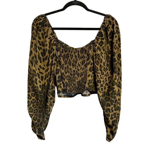 Mango MNG Leopard Animal Print Ruched Sleeve Smocked Back Top NWT Size 4 - Picture 5 of 9